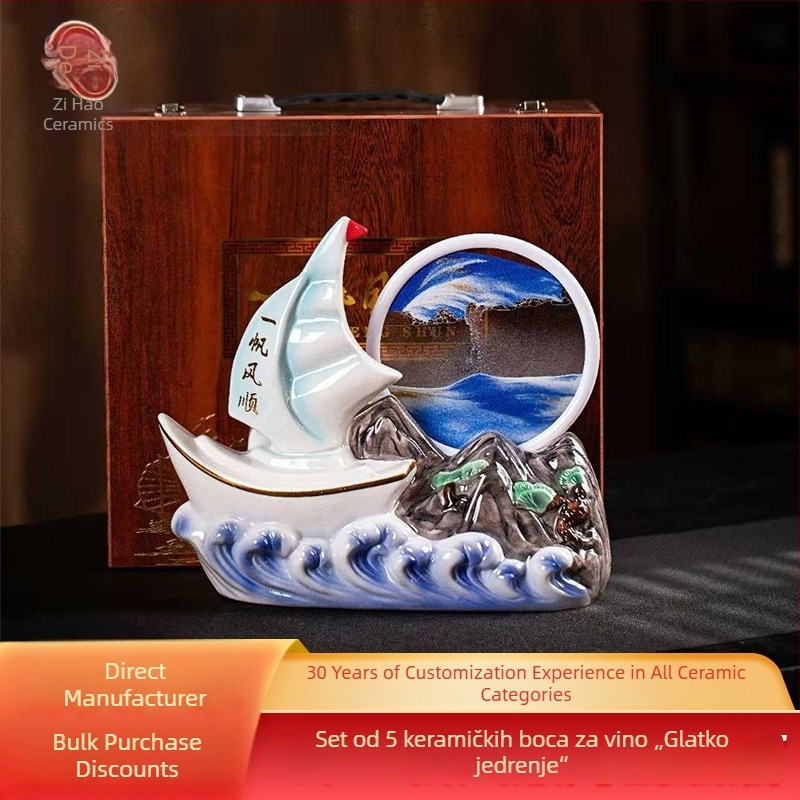Jingdezhen emajlirana keramička boca za vino s motivom Smooth Sailing, 2.5 kg, poklon kutija, kućna dekoracija.