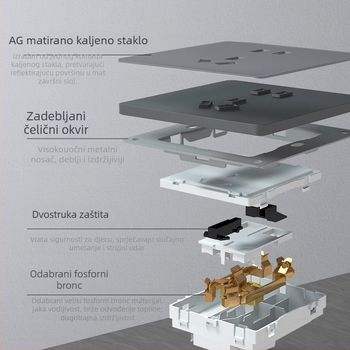 Sivi stakleni prekidač s mat panelom, zidni ugradbeni, tip 86, ultra-tanka utičnica s pet otvora