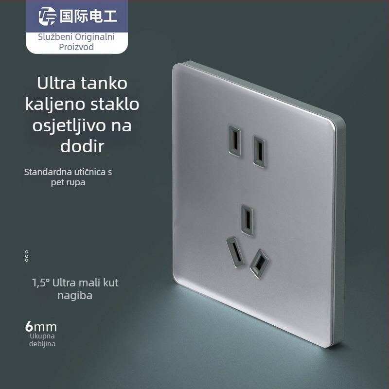 Sivi stakleni prekidač s mat panelom, zidni ugradbeni, tip 86, ultra-tanka utičnica s pet otvora