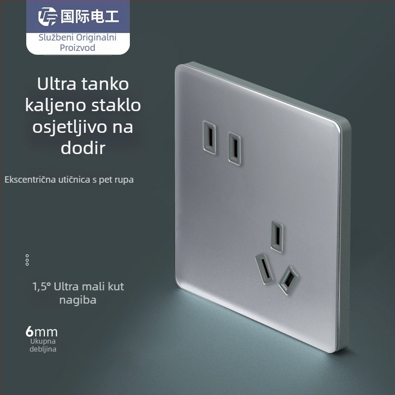 Sivi stakleni prekidač s mat panelom, zidni ugradbeni, tip 86, ultra-tanka utičnica s pet otvora