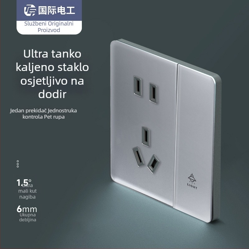 Sivi stakleni prekidač s mat panelom, zidni ugradbeni, tip 86, ultra-tanka utičnica s pet otvora