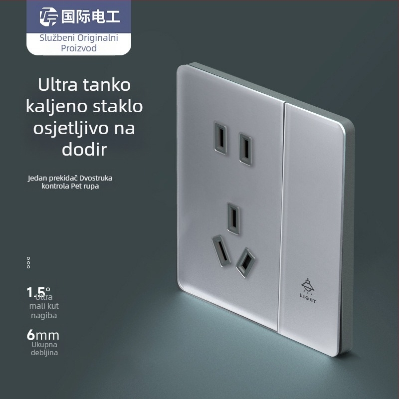 Sivi stakleni prekidač s mat panelom, zidni ugradbeni, tip 86, ultra-tanka utičnica s pet otvora