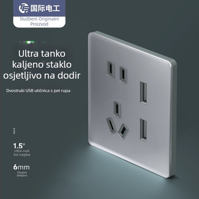 Sivi stakleni prekidač s mat panelom, zidni ugradbeni, tip 86, ultra-tanka utičnica s pet otvora