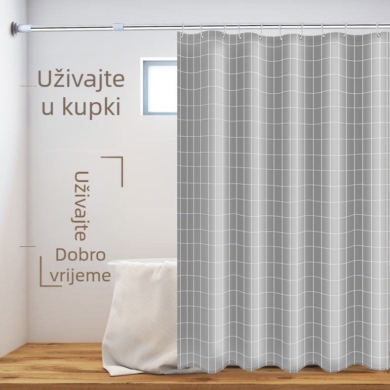 Kupaonska zavjesa u skandinavskom stilu, siva karirana, vodootporan poliester materijal