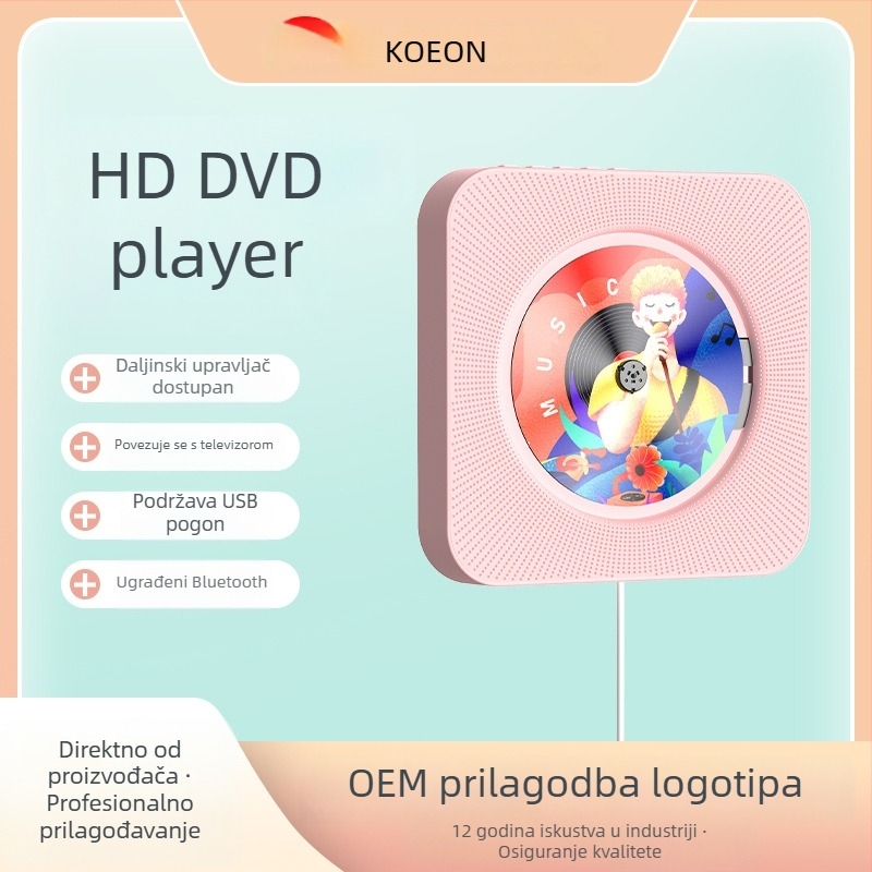 Stenski CD player s Bluetoothom, ponovnim reproduciranjem albuma, minimalističkog Instagram stila, CD/DVD player