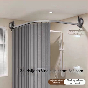 Siva zakrivljena sklopiva tuš-paravana s pritisnim čašicama, za kupaonicu, protiv plijesni, brzo suši