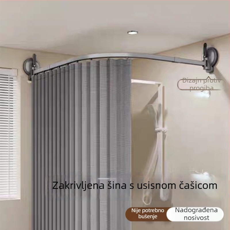 Siva zakrivljena sklopiva tuš-paravana s pritisnim čašicama, za kupaonicu, protiv plijesni, brzo suši