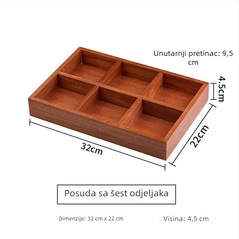 Drveni tac za čaj s odvojenim prostorima za voće i grickalice, devetodjelni dizajn, retro stil, promjer 24 cm