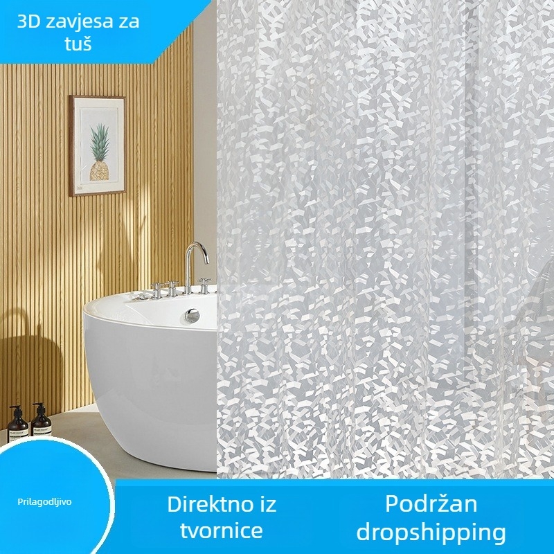 3D geometrijska PEVA zavjesa za tuširanje, vodootporna i otporna na plijesan, zavjesa za kupaonicu bez bušenja