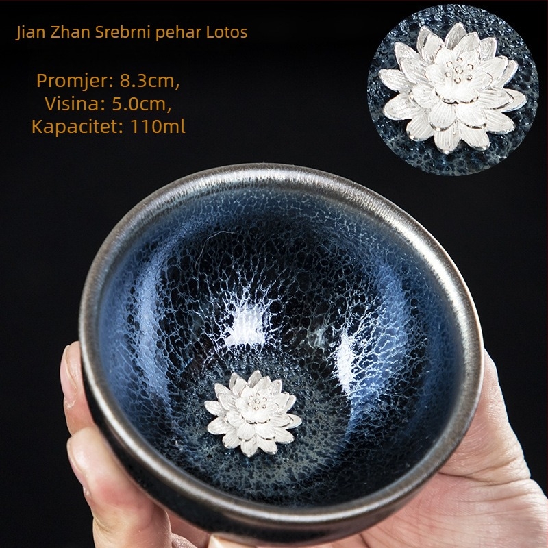 Čajna šalica u stilu Jian Zhan s tijelom od željeza i srebrnim detaljem, plavi motiv Qilin, dvanaest zodijaka, ručno izrađena Gongfu šalica