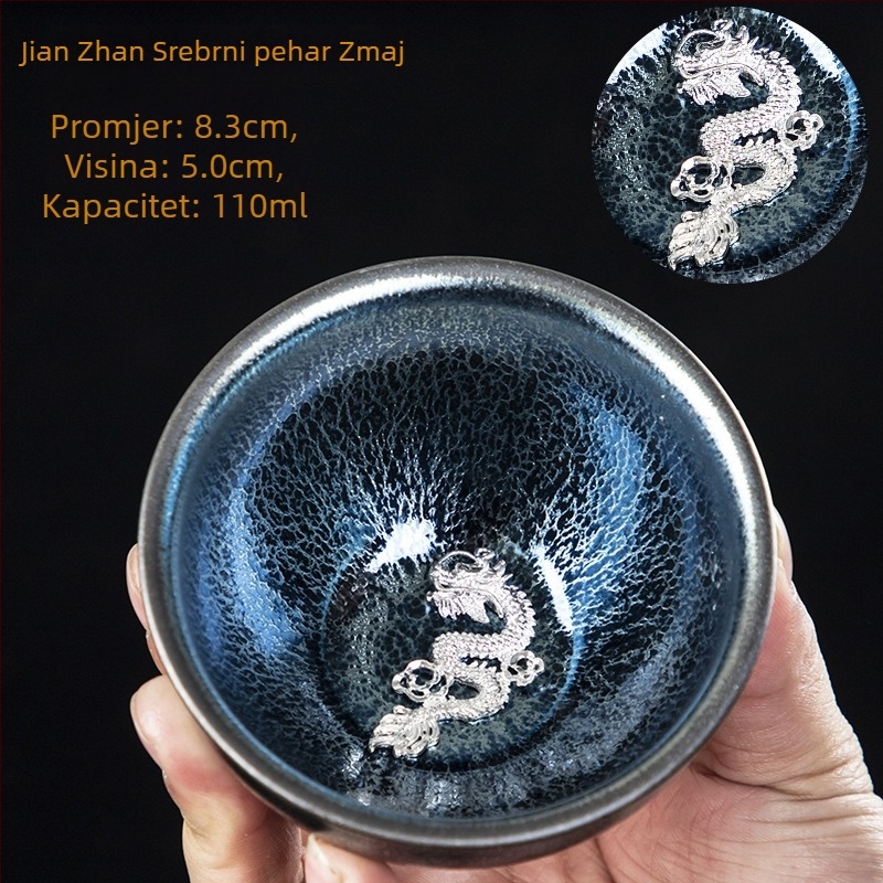 Čajna šalica u stilu Jian Zhan s tijelom od željeza i srebrnim detaljem, plavi motiv Qilin, dvanaest zodijaka, ručno izrađena Gongfu šalica