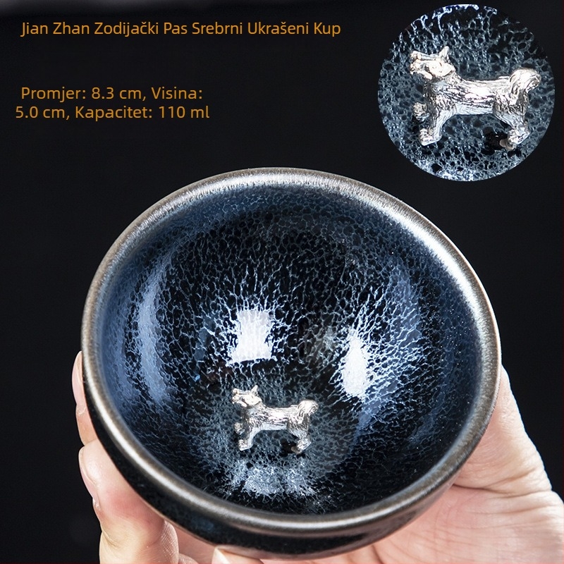 Čajna šalica u stilu Jian Zhan s tijelom od željeza i srebrnim detaljem, plavi motiv Qilin, dvanaest zodijaka, ručno izrađena Gongfu šalica