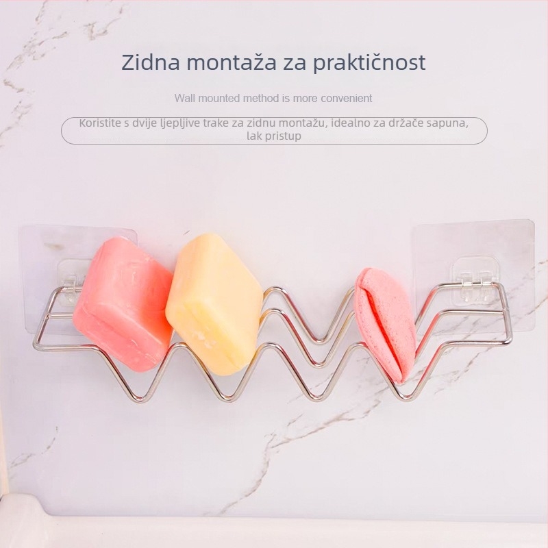 Stalak za sapun od nehrđajućeg čelika, obliku W, višenamjenski, stolni ili zidni, bez bušenja, odvodna pločica