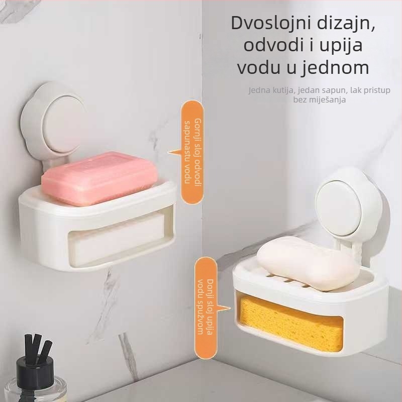 Zidni držač sapuna bez bušenja, dvostruki sloj, s usisnim čašicama, za kupaonicu – višenamjenski organizator za pohranu