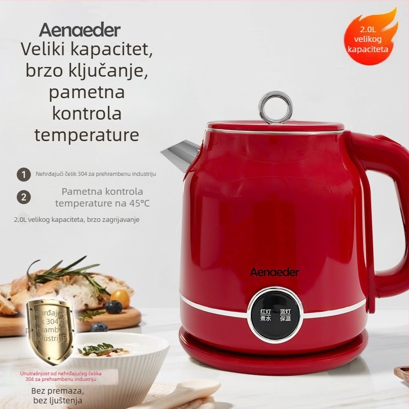 Ainadi Visokokvalitetni retro električni čajnik od nehrđajućeg čelika, dvostruko izoliran (2 L, 1500-2000 W)