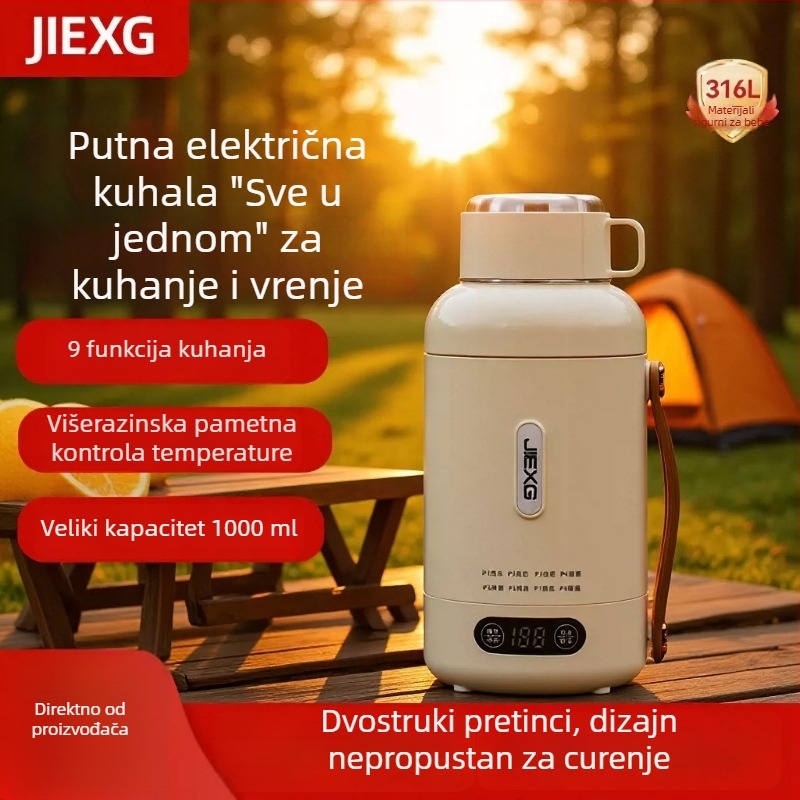 Jiexg električno kuhalo za vodu, 1 L, prijenosno, prokuhava vodu i održava toplu vodu