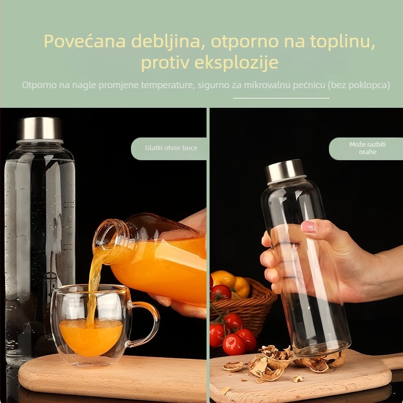 Boca od visokog borosilikatnog stakla s kapom od nehrđajućeg čelika, prenosiva i prozirna za napitke (300–1000 ml)