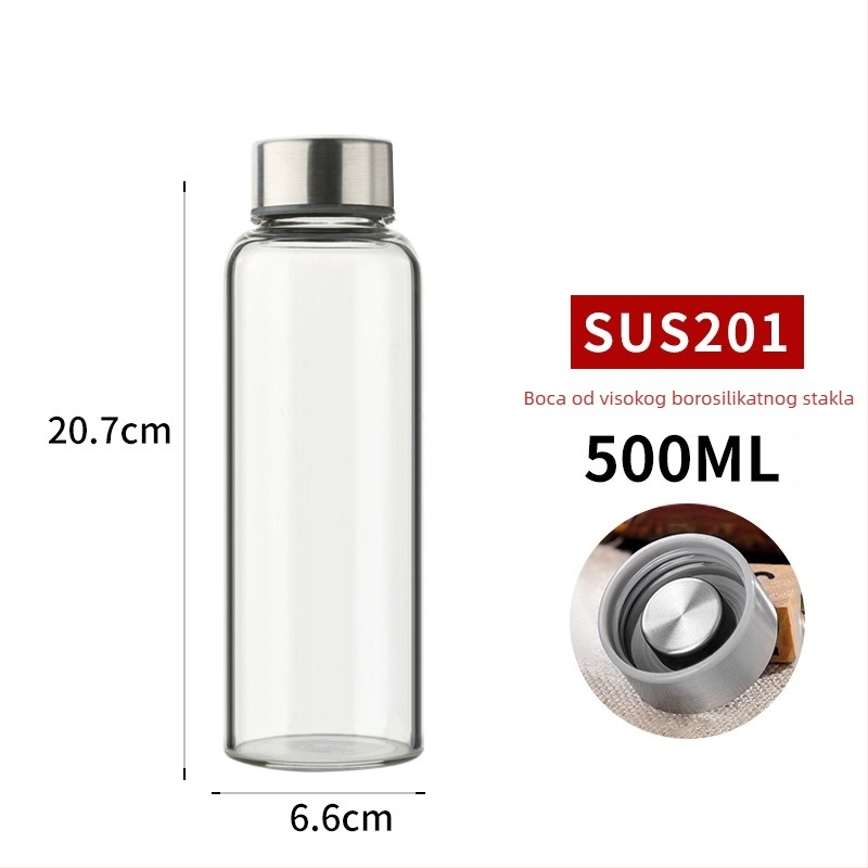 Boca od visokog borosilikatnog stakla s kapom od nehrđajućeg čelika, prenosiva i prozirna za napitke (300–1000 ml)