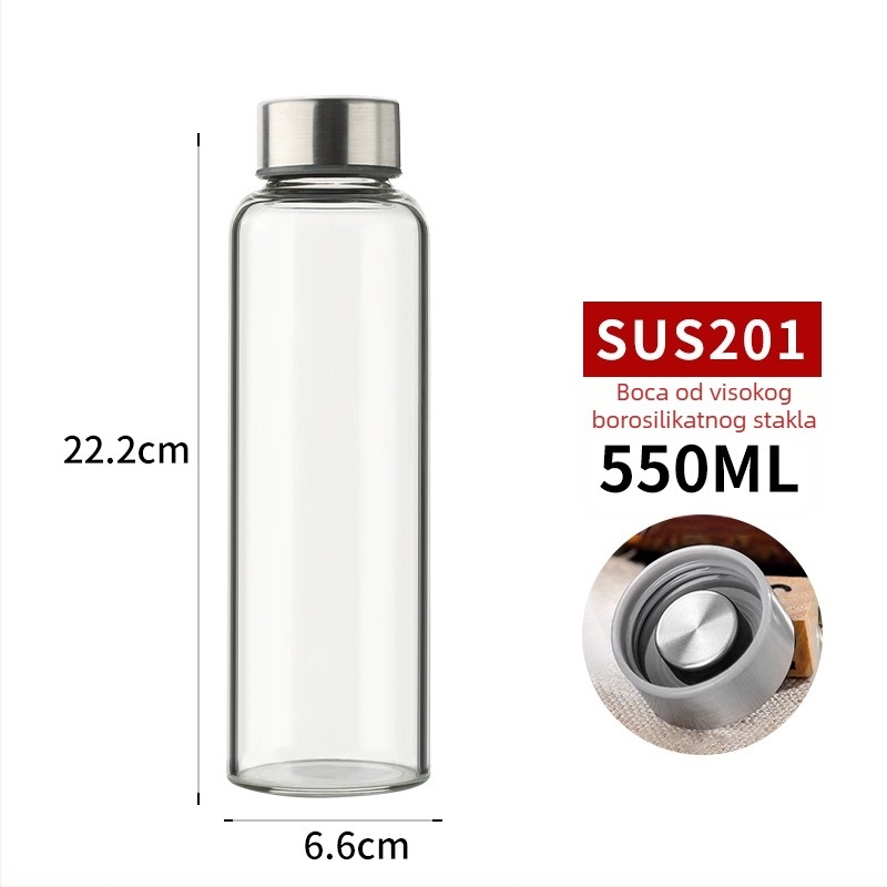 Boca od visokog borosilikatnog stakla s kapom od nehrđajućeg čelika, prenosiva i prozirna za napitke (300–1000 ml)