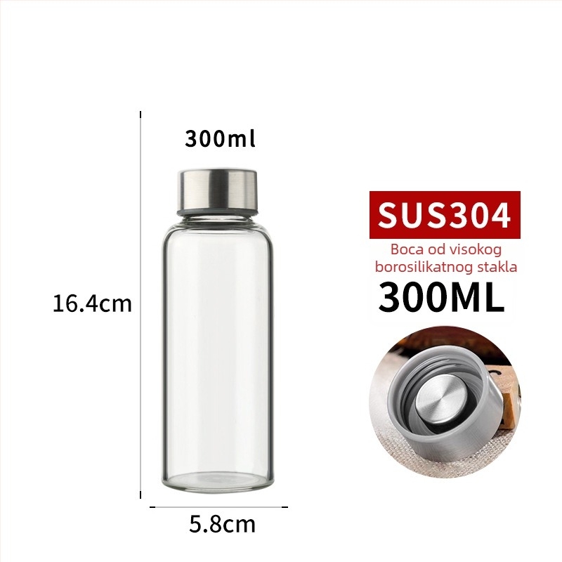 Boca od visokog borosilikatnog stakla s kapom od nehrđajućeg čelika, prenosiva i prozirna za napitke (300–1000 ml)
