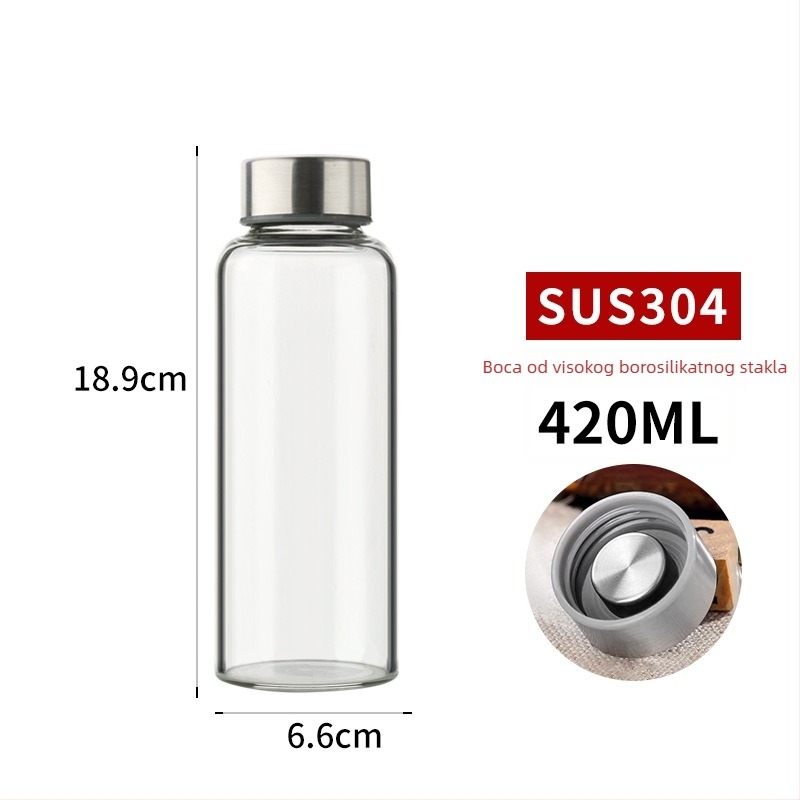 Boca od visokog borosilikatnog stakla s kapom od nehrđajućeg čelika, prenosiva i prozirna za napitke (300–1000 ml)