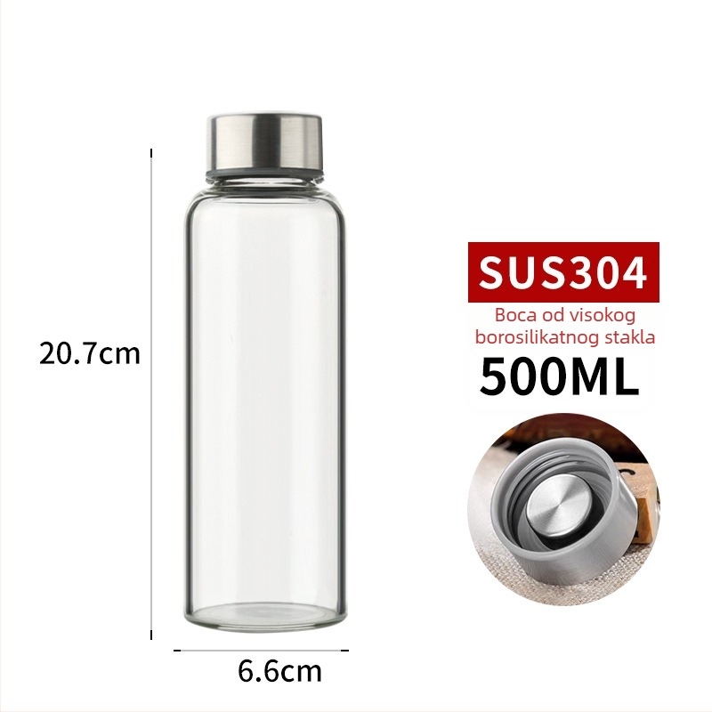 Boca od visokog borosilikatnog stakla s kapom od nehrđajućeg čelika, prenosiva i prozirna za napitke (300–1000 ml)