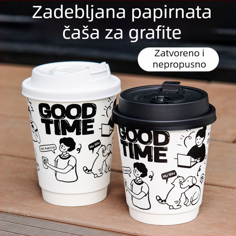 Jednokratna papirnata čaša za topla pića, 301–400 ml, s poklopcem, za kavu i čaj s mlijekom, ručno oslikani grafiti dizajn