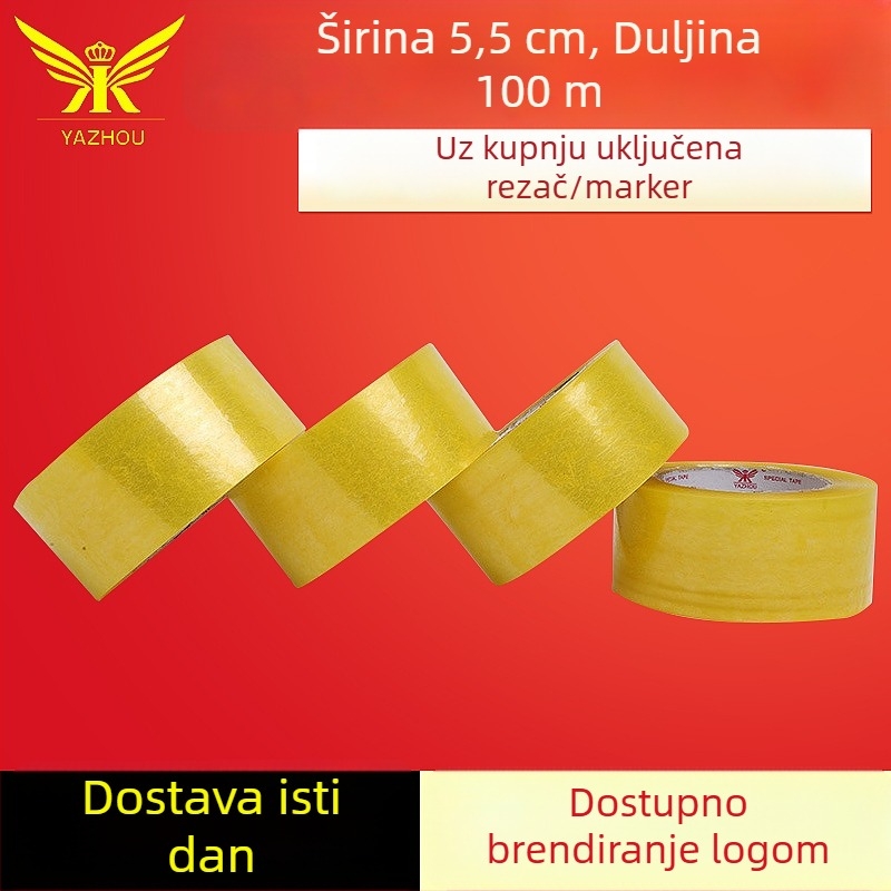 Prozirna pakirajuća traka, širina 5,5 cm, duljina 100 m, široka, visoke prionjivosti, BOPP, ljepilo na bazi vode, za zatvaranje kartona