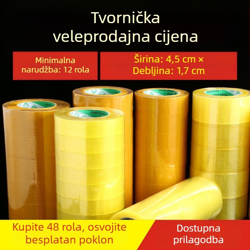 Prozirna traka za pakiranje, visoka adhezivnost i otporna na istezanje, širina 4,5 cm, duljina 90 m, debljina 52 mm, pogodna za zatvaranje kutija