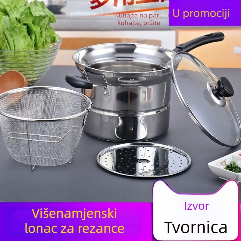 Nehrđajući čelični višenamjenski lonac za parenje, prženje i kuhanje; lonac za rezance s kaljenim staklenim poklopcem