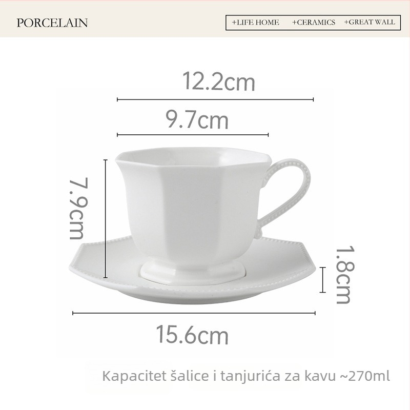 Europski stil bijela keramička šalica za kavu s podmetačem, osmerokutni oblik, set