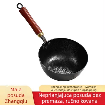 Ručni kovani lonac za mlijeko, bez premaza, lonac od željeza za jednu porciju, drveni poklopac, u stilu wok