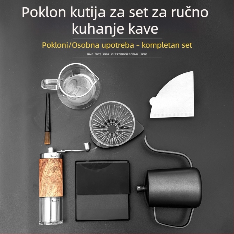 Prijenosni set za kavu s ručnim mlincem, pour-over posudom i elektroničkom vagu u kutiji za poklon