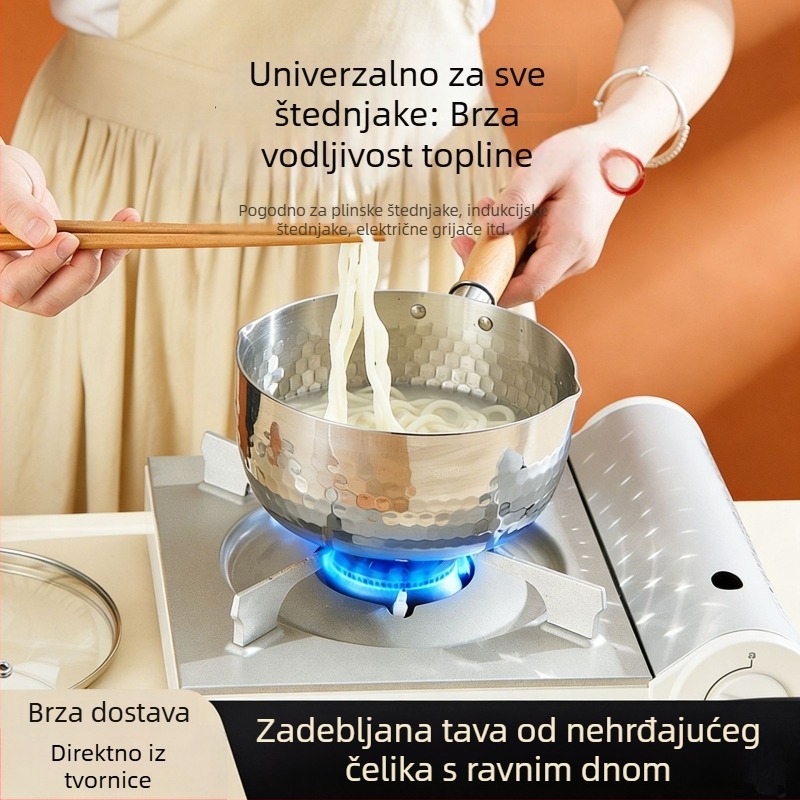 Yukihira lonac od nehrđajućeg čelika 304 s drvenom drškom, bez premaza, pogodan za dječju hranu, mlijeko, rezance i pržene juhe