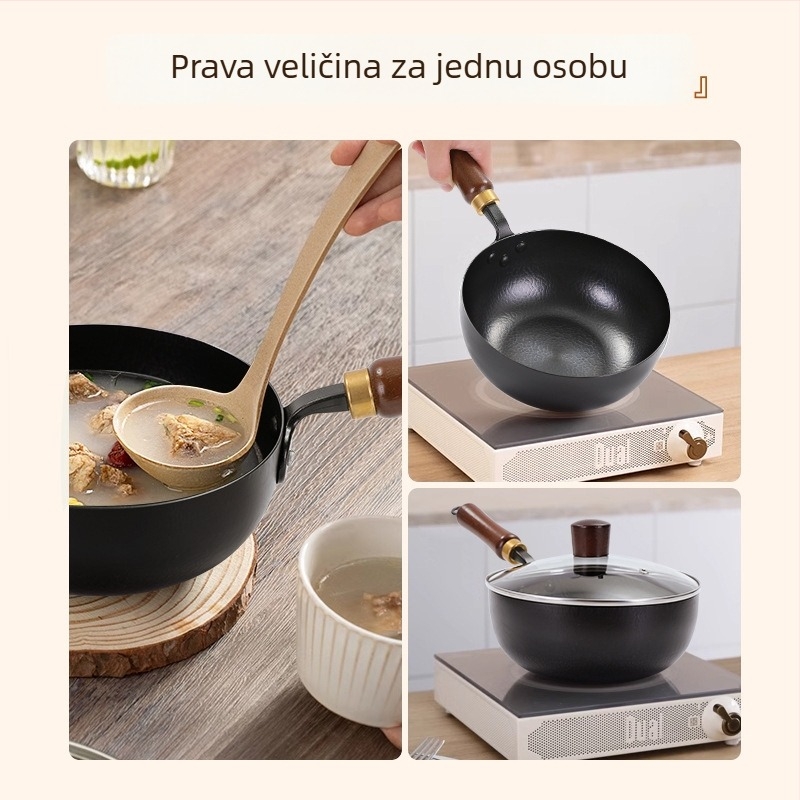 Ručni kovani mali lonac od lijevanog željeza za jednu porciju, tiganj za jaja i steak, staklena poklopac, moderan minimalistički dizajn