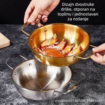 Kompaktni lonac od nehrđajućeg čelika za instant rezance s dva držača, za ramen i juhe, kompatibilan s indukcijskim pločama, bez premaza.