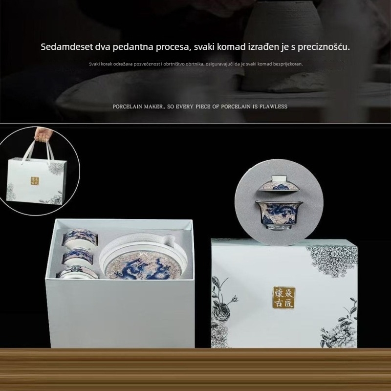 Kung fu set čaja s plavim i bijelim zmajem, porcelanski set s poklopcem i šalicama, u kutiji za poklon za dvoje