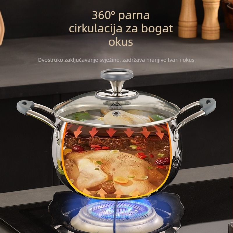 Nova posuda za juhu od 304 nehrđajućeg čelika, trostruki sloj, lonac u obliku bubnja s mikro pritiskom, za kućnu uporabu, za parenje, kuhanje i dinstanje, integrirani dizajn, kompatibilan sa svim pločama