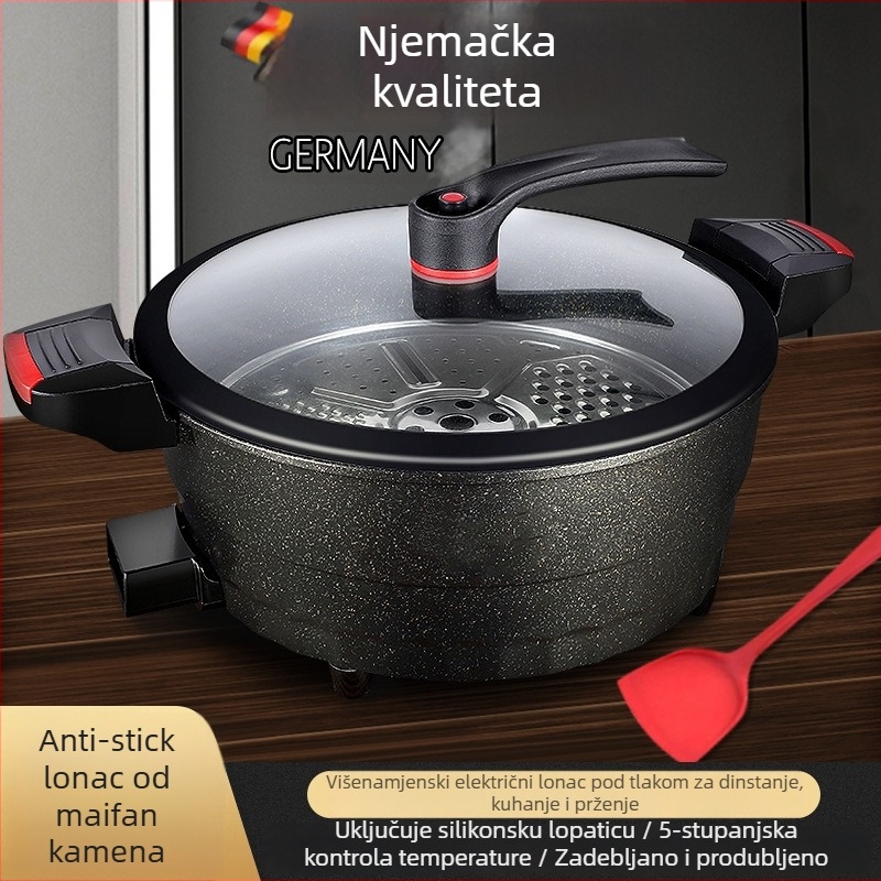 Višenamjenski električni wok s Maifan kamenom, premaz protiv lijepljenja, stakleni poklopac, promjer 32 cm, aluminijsko dno
