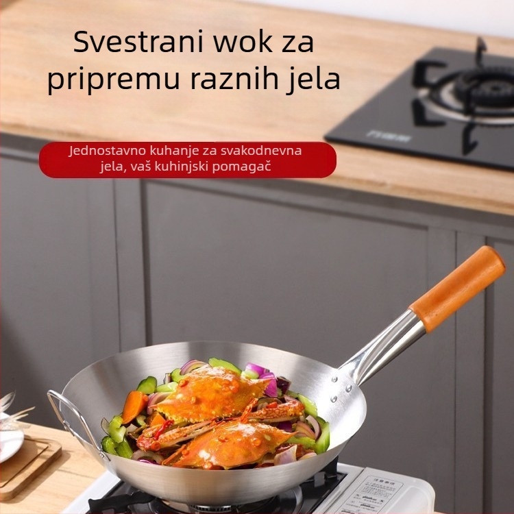 Wok od nehrđajućeg čelika s jednom drškom, ultra velik i debeli, za plinsku ploču s okruglim dnom, kineski način prženja