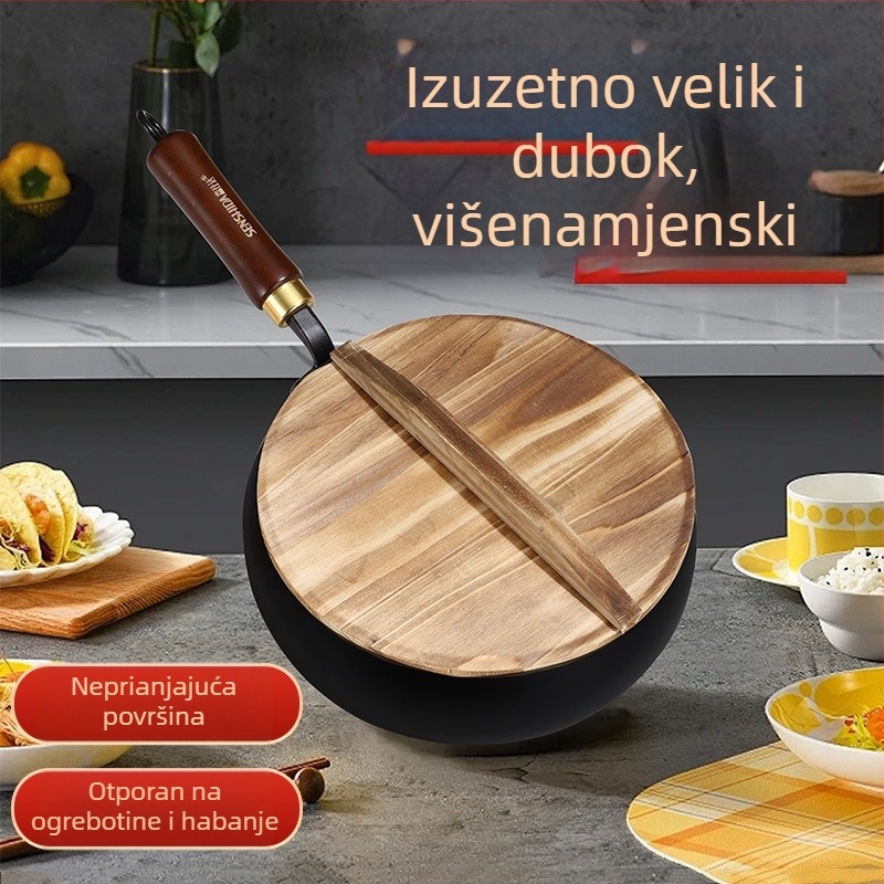 Mala željezna wok s drvenim poklopcem, otporna na ogrebotine, bez premaza, tradicionalnog širokog trbuha