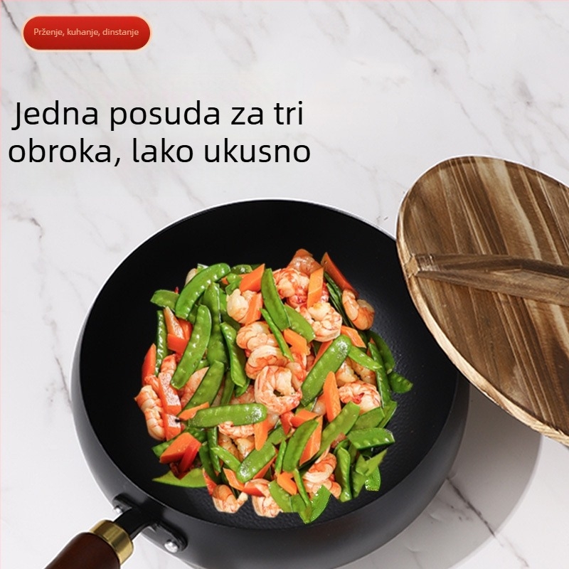 Mala željezna wok s drvenim poklopcem, otporna na ogrebotine, bez premaza, tradicionalnog širokog trbuha