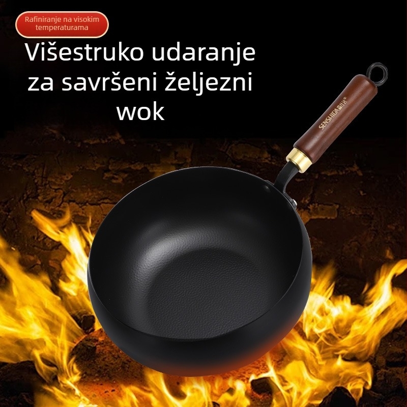 Mala željezna wok s drvenim poklopcem, otporna na ogrebotine, bez premaza, tradicionalnog širokog trbuha