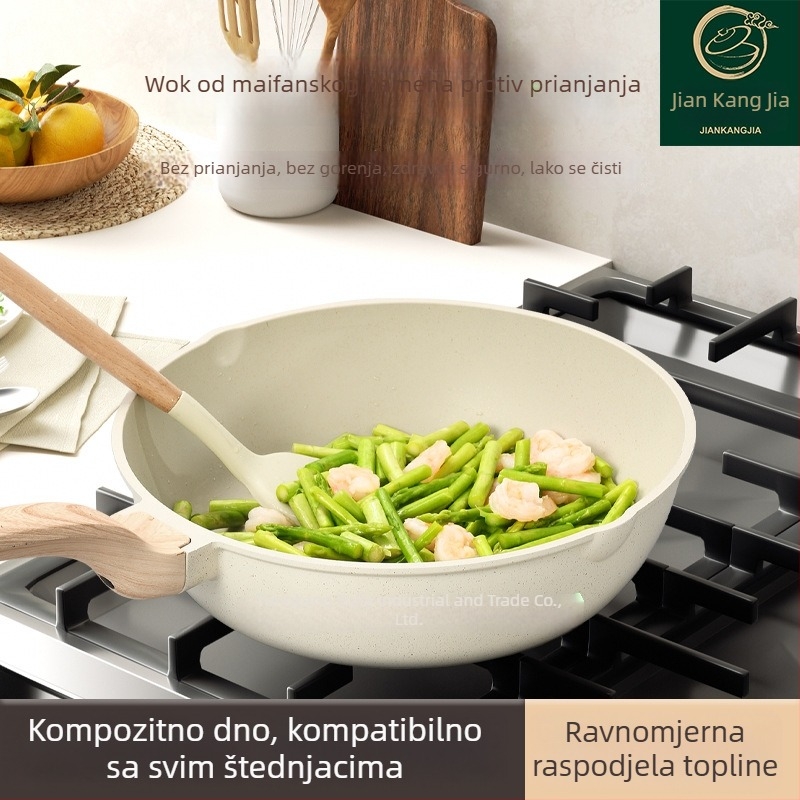 Wok od aluminija s Maifan kamenom, neprijanjajući, za kućnu upotrebu, kompatibilan s plinskim i indukcijskim pločama