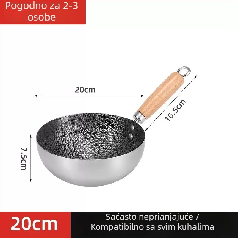 Wok od nehrđajućeg čelika za jednu osobu, neprijanjajući premaz, drvena ručka, ravno dno, kompatibilan s plinskim štednjakom