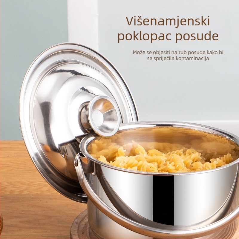 Lonac od nehrđajućeg čelika s poklopcem, ne-magnetičan, višestruko namjenski, s metalnom drškom i debelim dnom