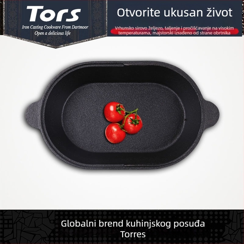 Ovalna tava od lijevanog željeza s ravnim poklopcem, dvostruko namijenjena za prženje i dinstanje, pogodna za roštilj i piknik