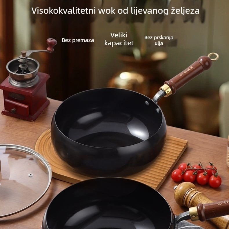 Tradicionalna velika wok posuda od lijevanog željeza, ručno izrađena, deblji i dublji dizajn, bez premaza, tava za prženje