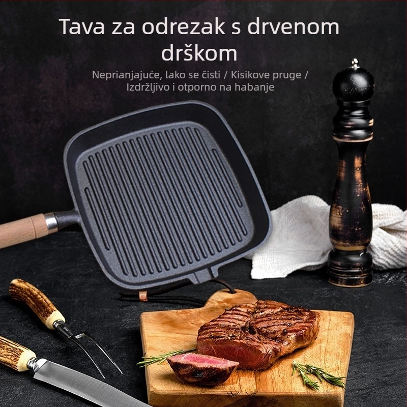 Tava od lijevanog željeza s drvenom drškom, kvadratno ravno dno s rebrastom površinom, bez premaza, zdrava kuhinja