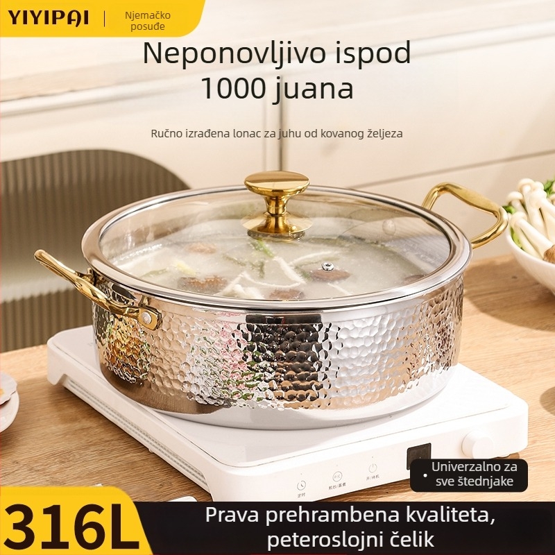 Lonac za juhu od 316L nehrđajućeg čelika, kućna upotreba, s pet slojeva dna, promjer 32 cm, kapacitet 2,1–3 L, pogodan za indukcijske ploče.